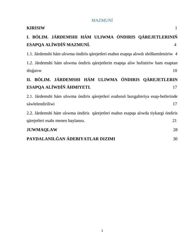 Járdemshi hám ulıwma óndiris qárejetleri esapqa alıw 1
