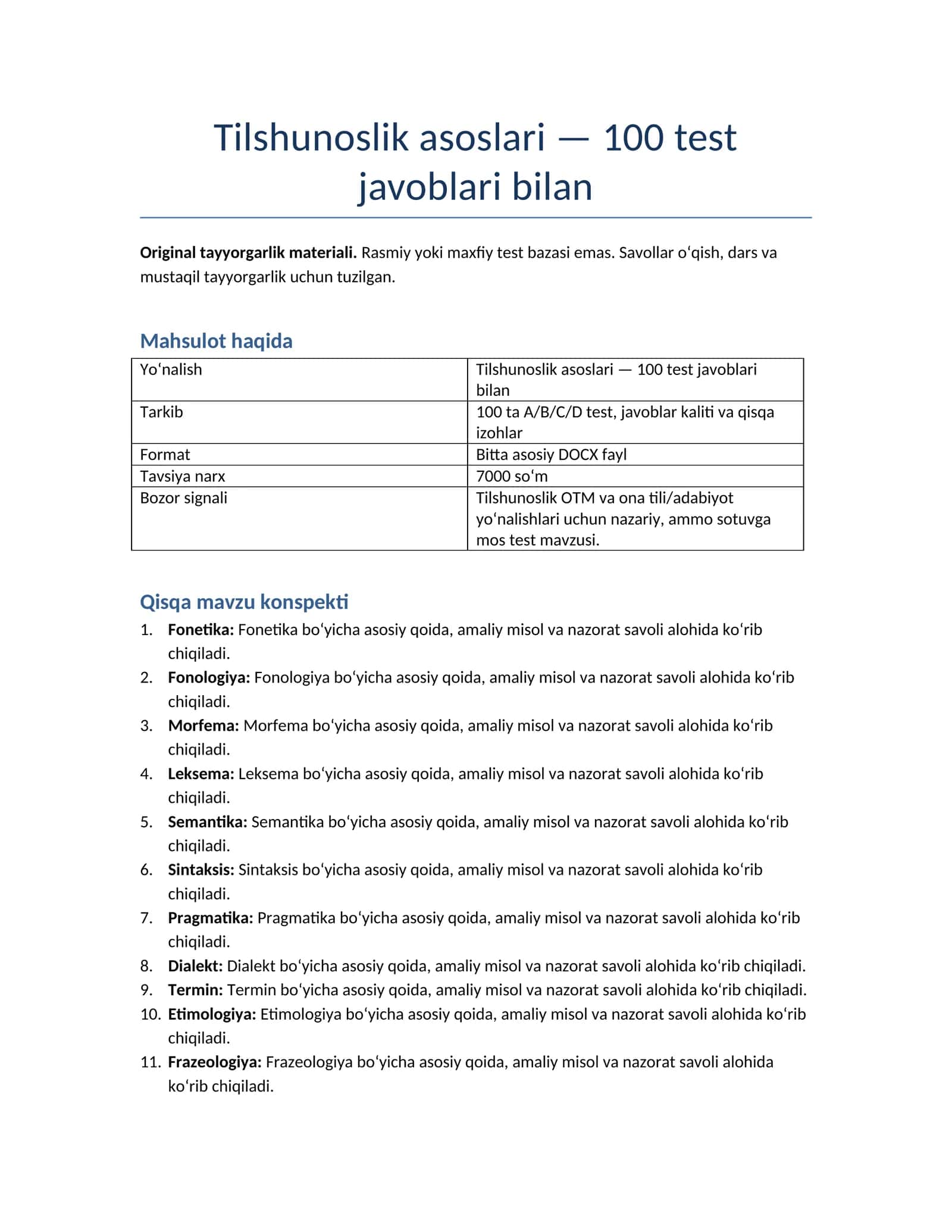 Tilshunoslik asoslari — 100 test javoblari bilan 1