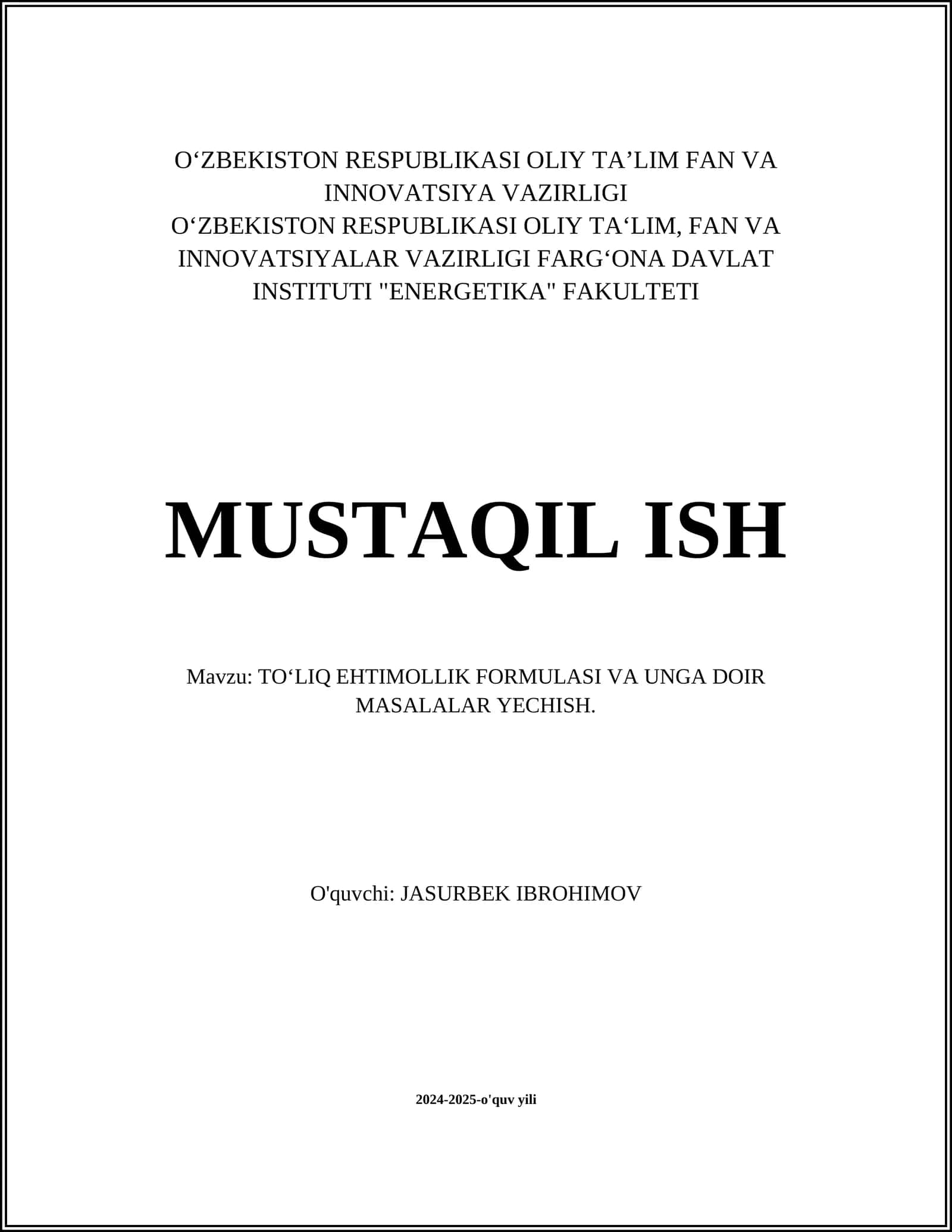 TO‘LIQ EHTIMOLLIK FORMULASI VA UNGA DOIR MASALALAR YECHISH 1