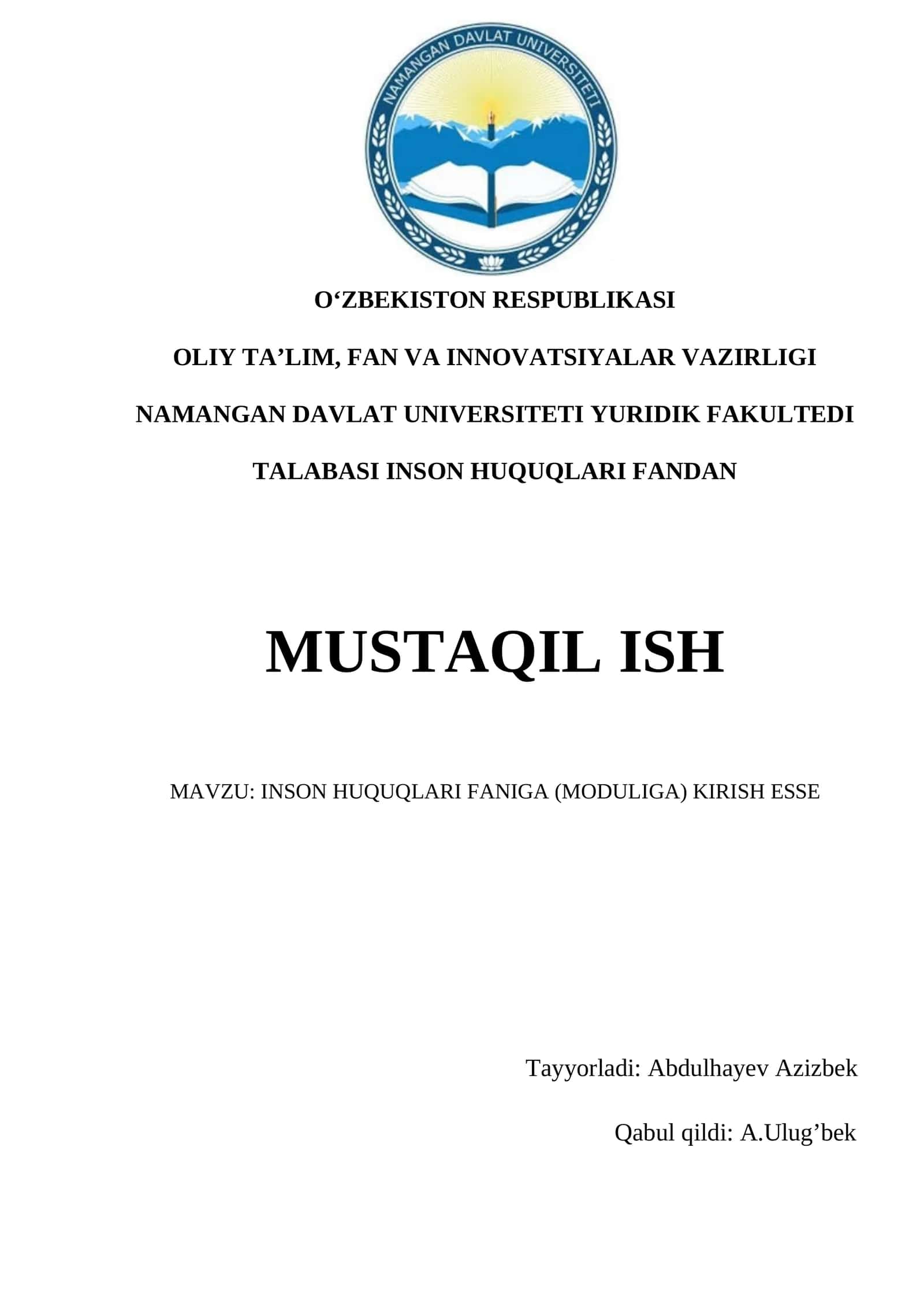 INSON HUQUQLARI FANIGA (MODULIGA) KIRISH ESSE 1