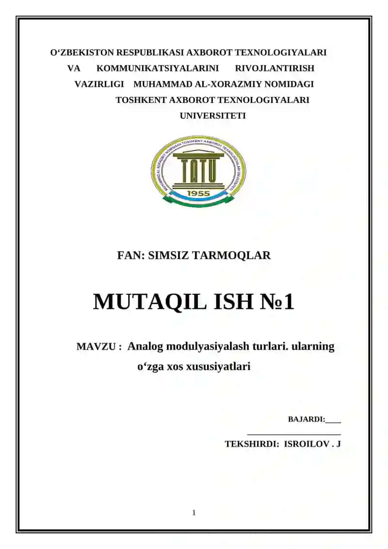 Analog modulyasiyalash turlari. ularning oʻzga xos xususiyatlari