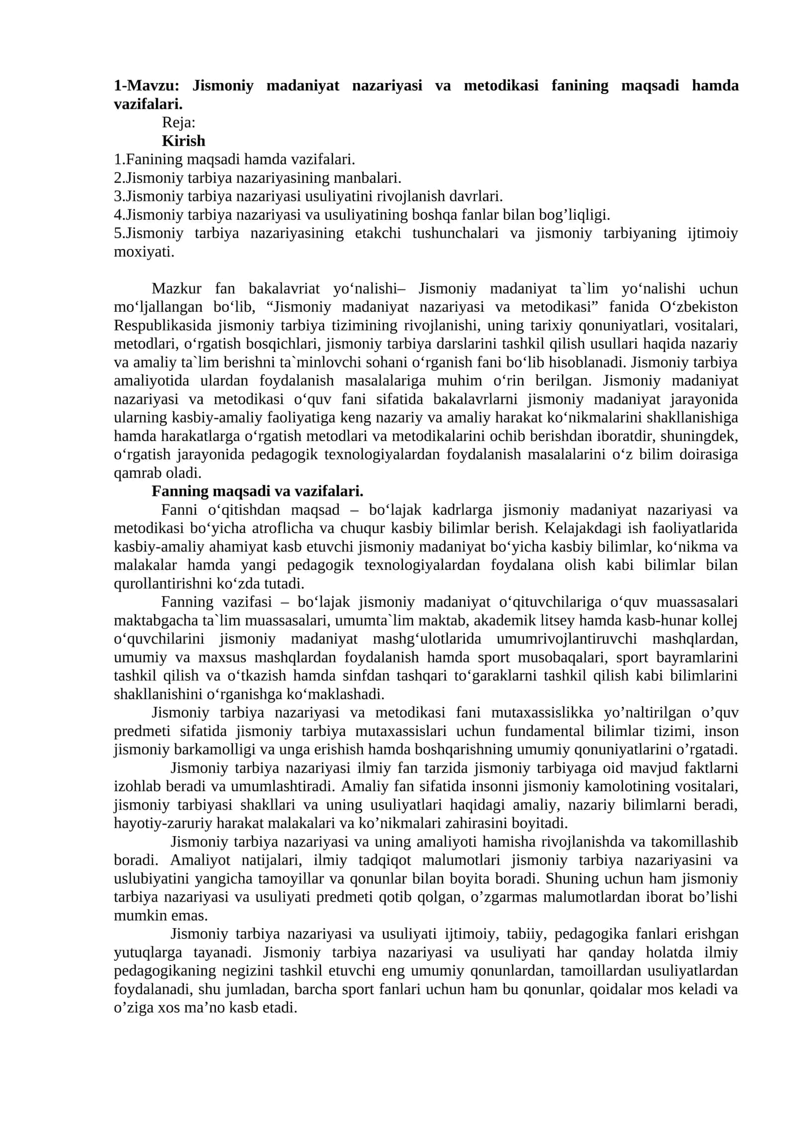 Jismoniy madaniyat nazariyasi va metodikasi fanining maqsadi hamda vazifalari 1