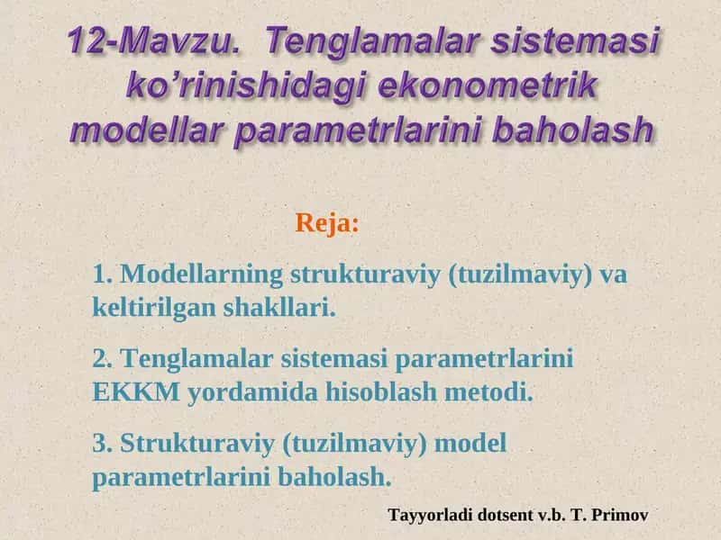 Modellarning strukturaviy va parametrlarini hisoblash usullari 1