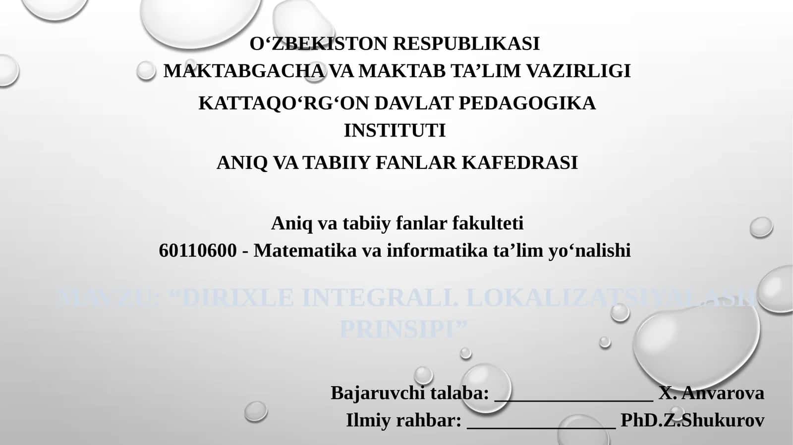 DIRIX LE INTEGRALI. LOKALIZATSIYALASH PRINSIPI 1