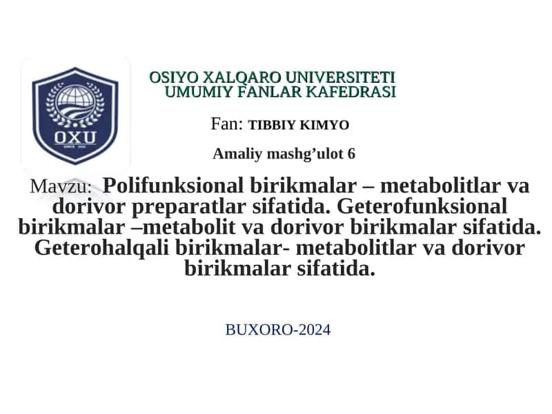 Polifunksional birikmalar va dorivor preparatlar 1