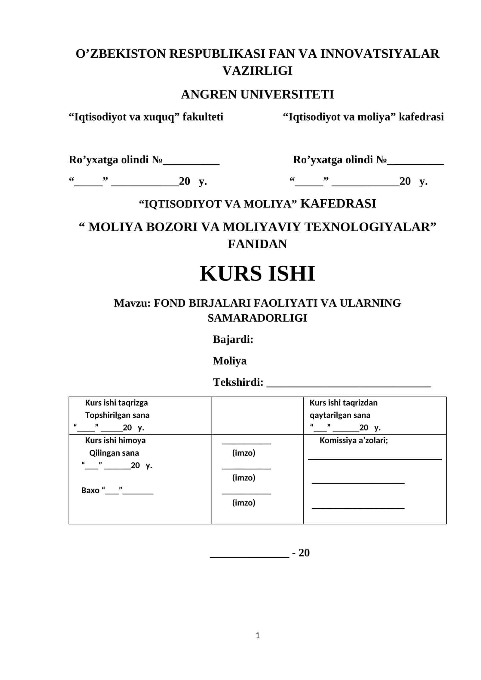 FOND BIRJALARI FAOLIYATI VA ULARNING SAMARADORLIGI KURS ISHI 1