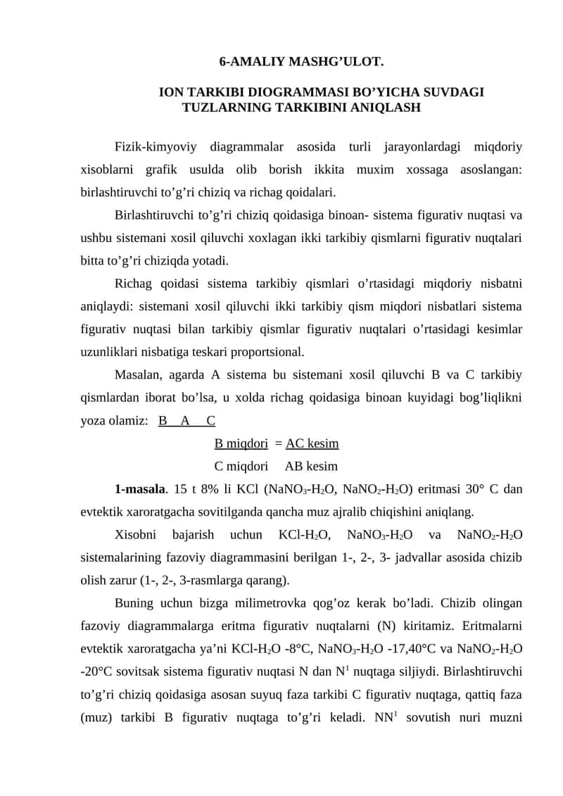 Ion tarkibi diogrammasi bo’yicha suvdagi tuzlarning tarkibini aniqlash 1