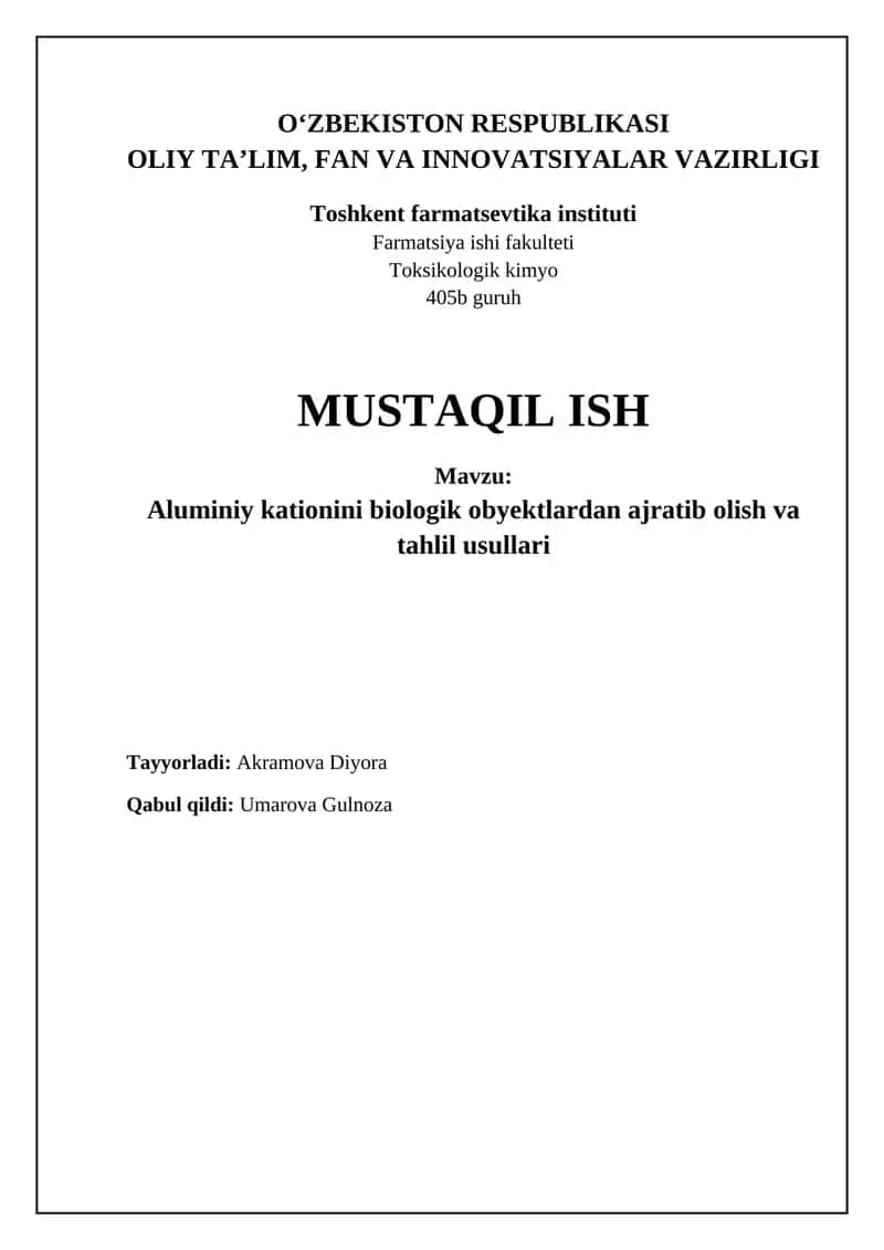 Aluminiy kationini biologik obyektlardan ajratib olish va tahlil usullari 1
