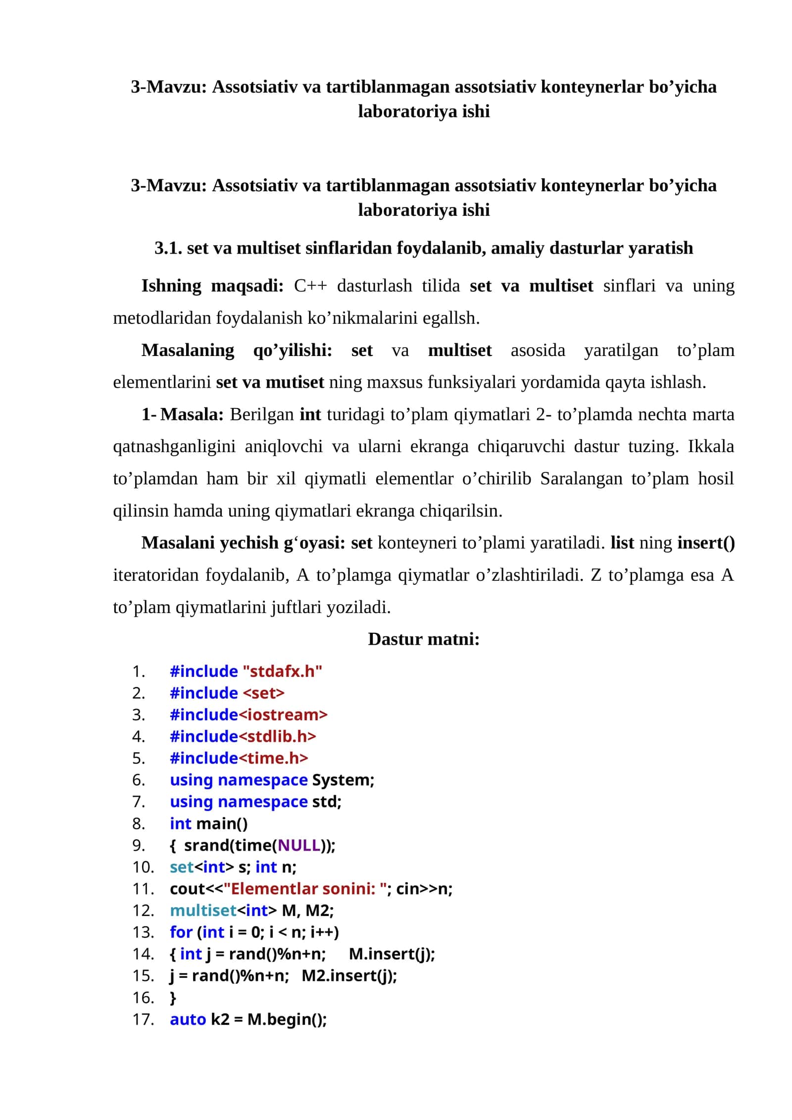 Assotsiativ va tartiblanmagan assotsiativ konteynerlar bo’yicha laboratoriya ishi 1