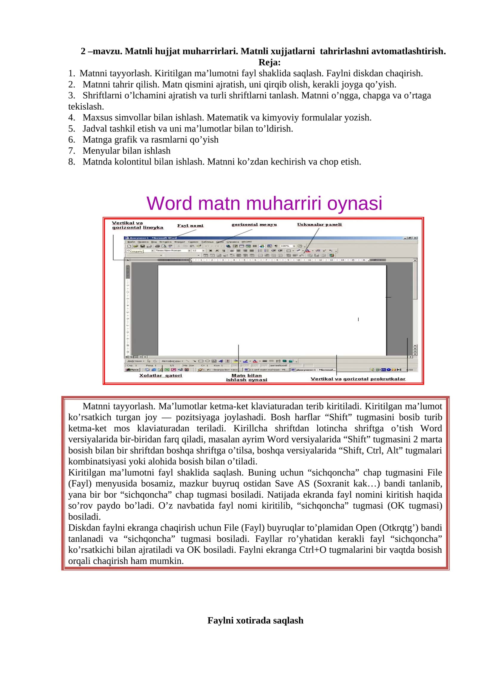 Word Matn Muharriri: Matnni Tahrirlash va Avtomatlashtirish (2-mavzu) 1