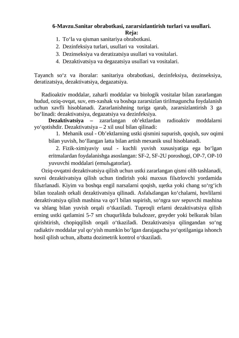 Sanitar obrabotkasi, zararsizlantirish turlari va usullari 1