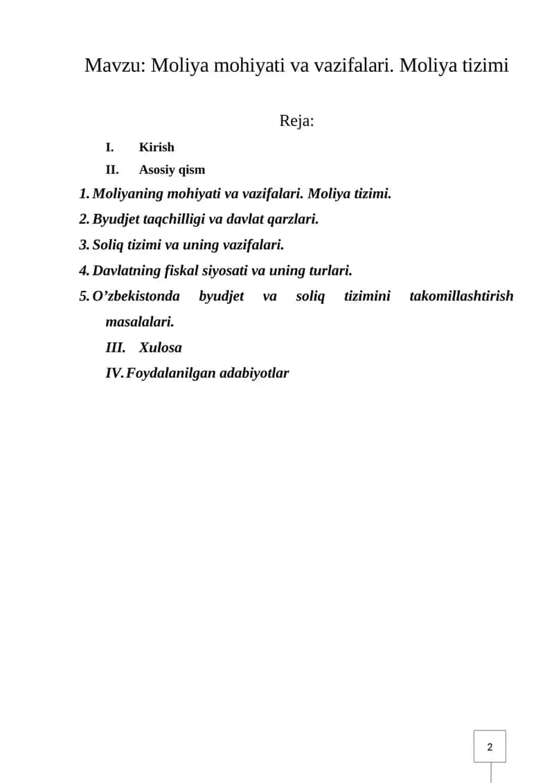 Moliya mohiyati va vazifalari. Moliya tizimi 1