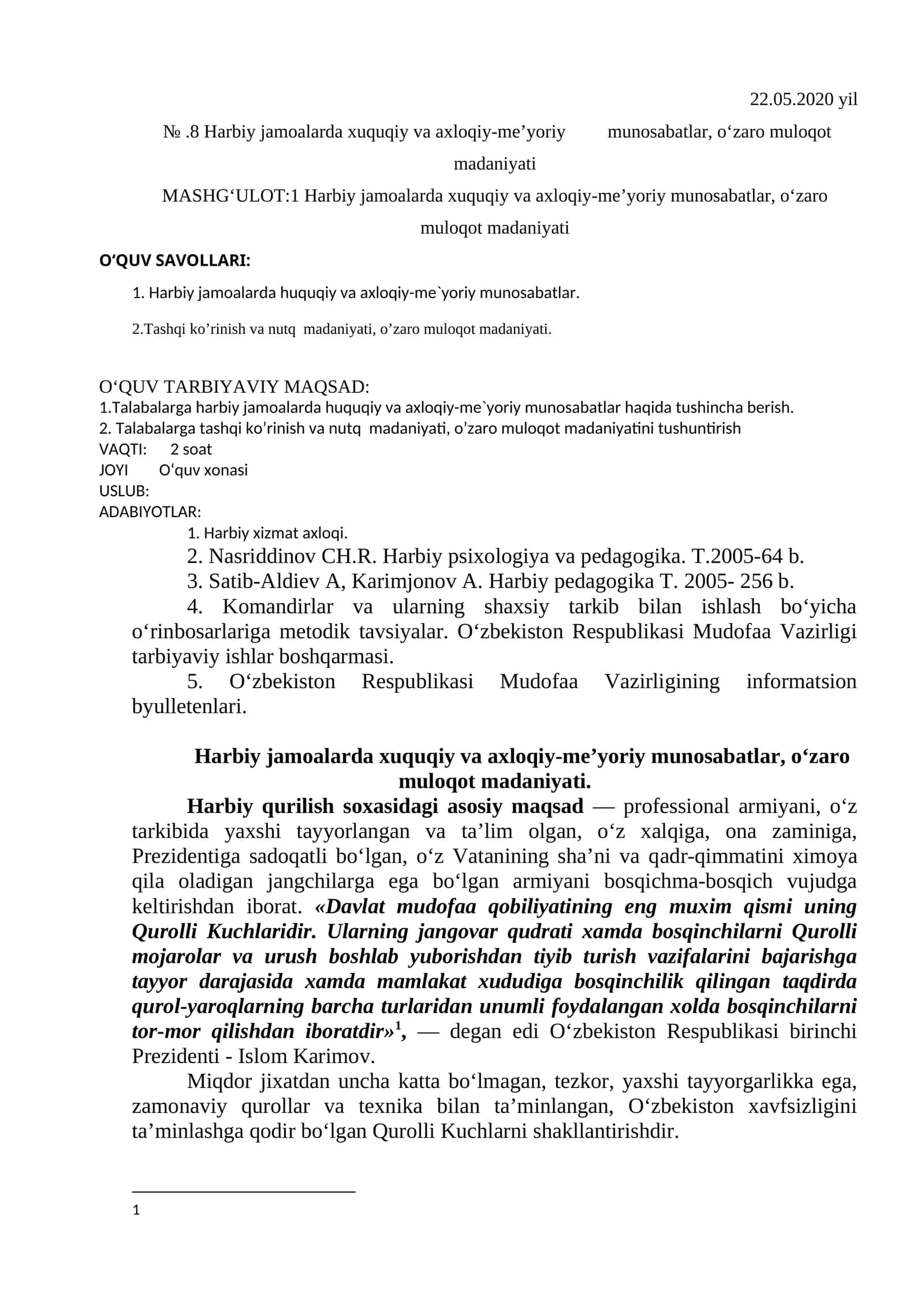 Harbiy jamoalarda xuquqiy va axloqiy-me’yoriy munosabatlar, o‘zaro muloqot madaniyati 1
