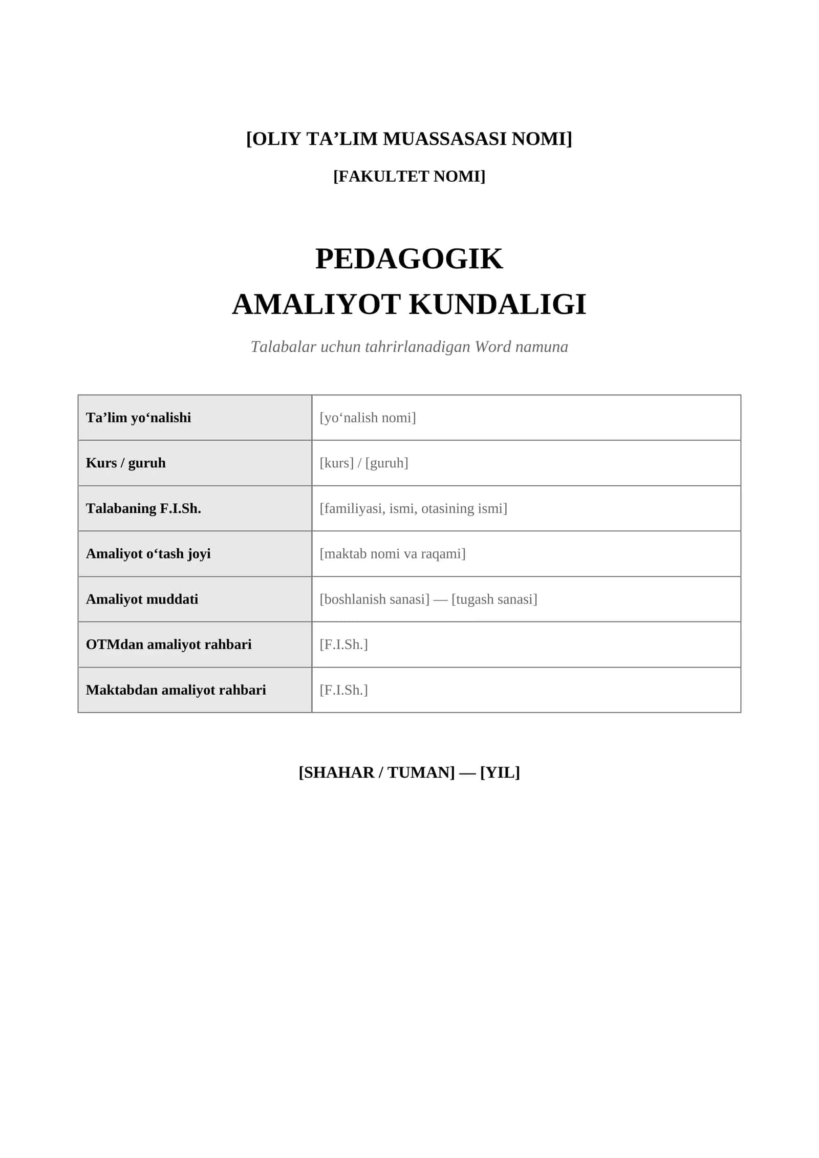 Pedagogik amaliyot kundaligi | Talabalar uchun tayyor Word namuna | DOCX 1
