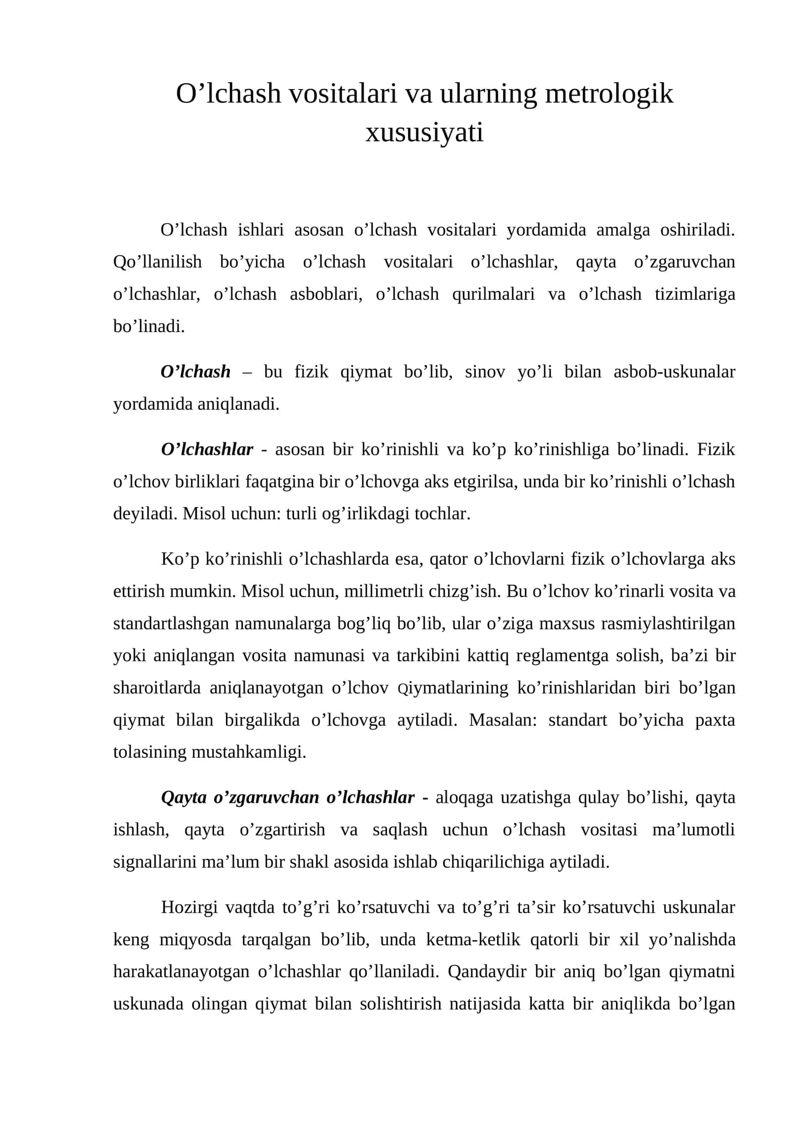 O'lchash vositalari va ularning mеtrologik xususiyati 1
