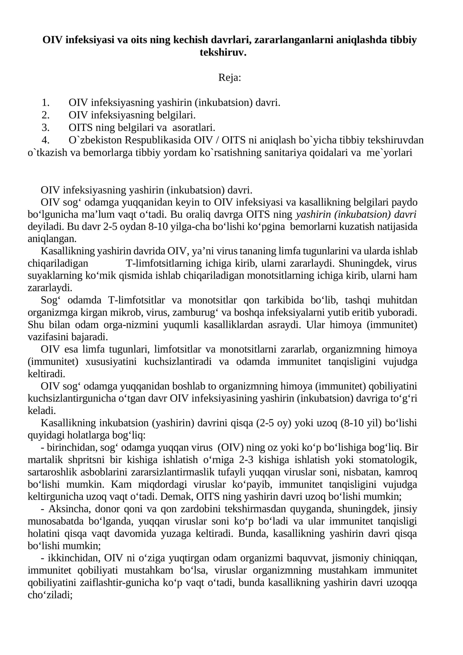 OIV infeksiyasi va oits ning kechish davrlari, zararlanganlarni aniqlashda tibbiy tekshiruv 1