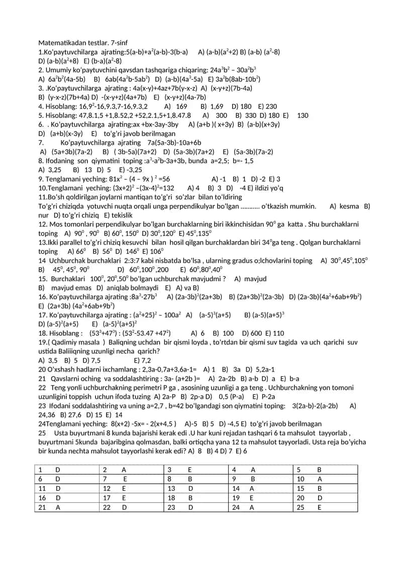 Matematikadan testlar. 7-sinf 1