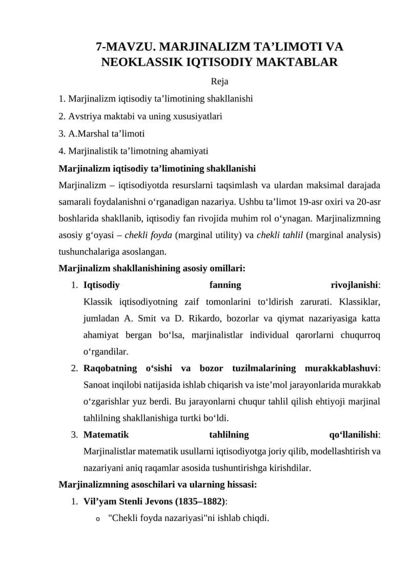 MARJINALIZM TA’LIMOTI VA NEOKLASSIK IQTISODIY MAKTABLAR 1