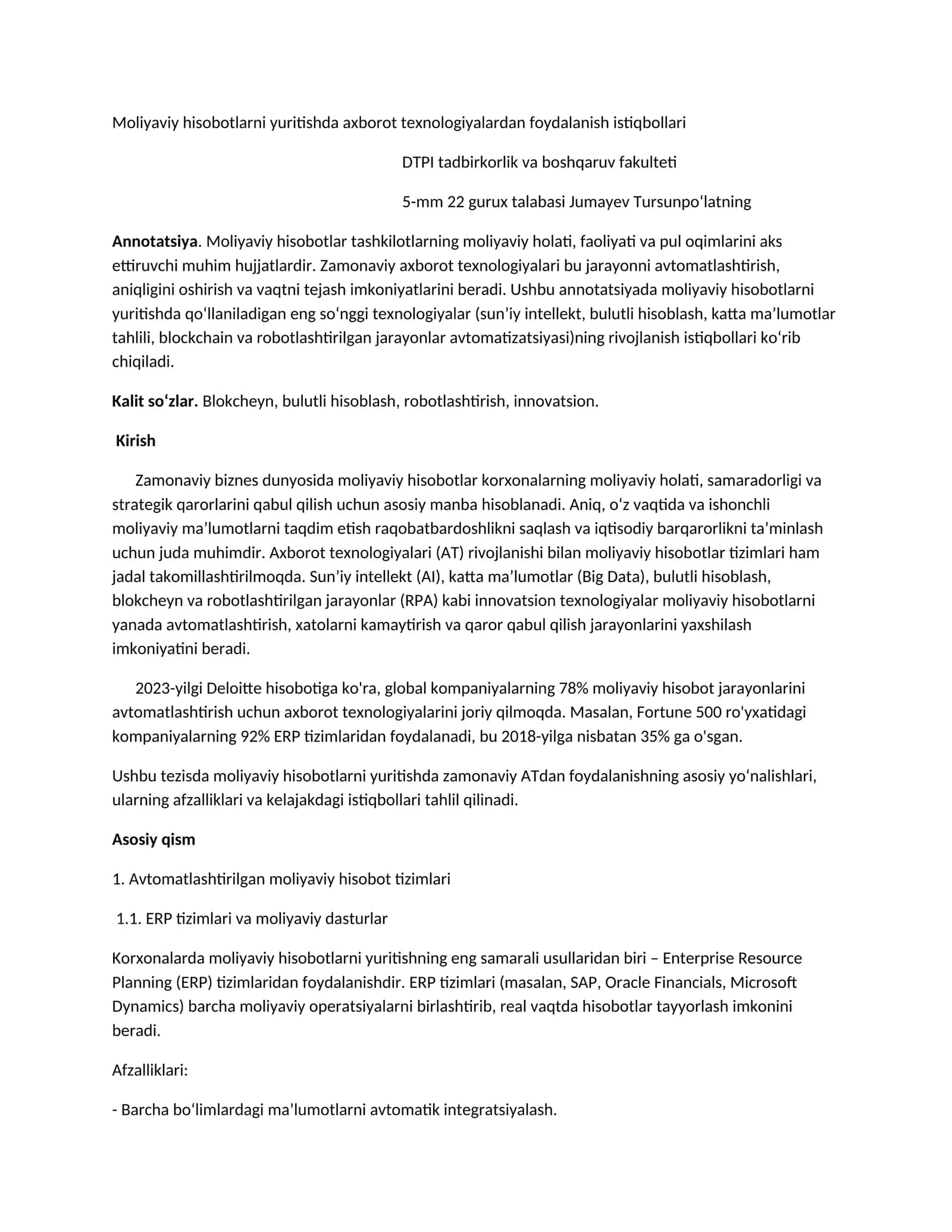 Moliyaviy hisobotlarni yuritishda axborot texnologiyalardan foydalanish istiqbollari 1