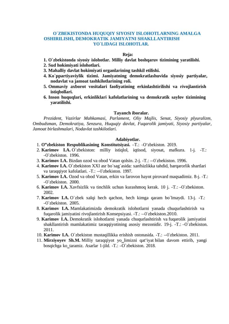 O`ZBEKISTONDA HUQUQIY SIYOSIY ISLOHOTLARNING AMALGA OSHIRILISHI, DEMOKRATIK JAMIYATNI SHAKLLANTIRISH YO`LIDAGI ISLOHOTLAR 1