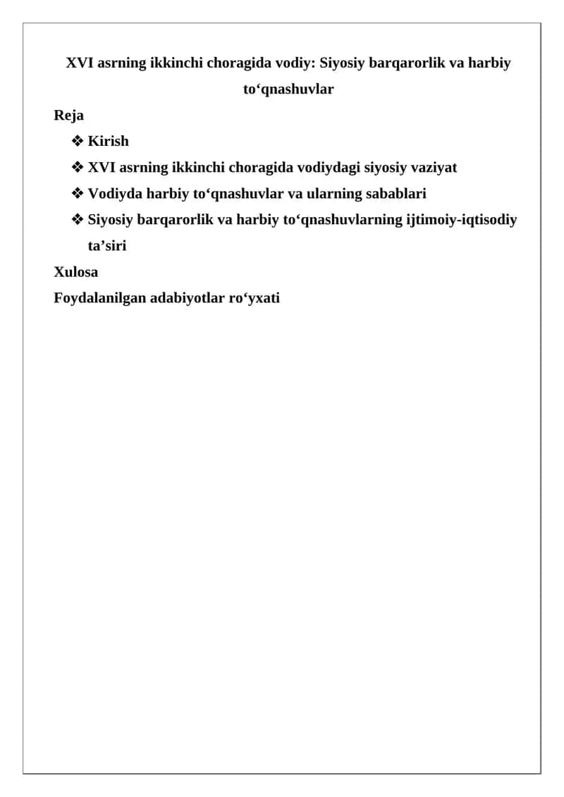 Vodiy: Siyosiy barqarorlik va harbiy to‘qnashuvlar 1