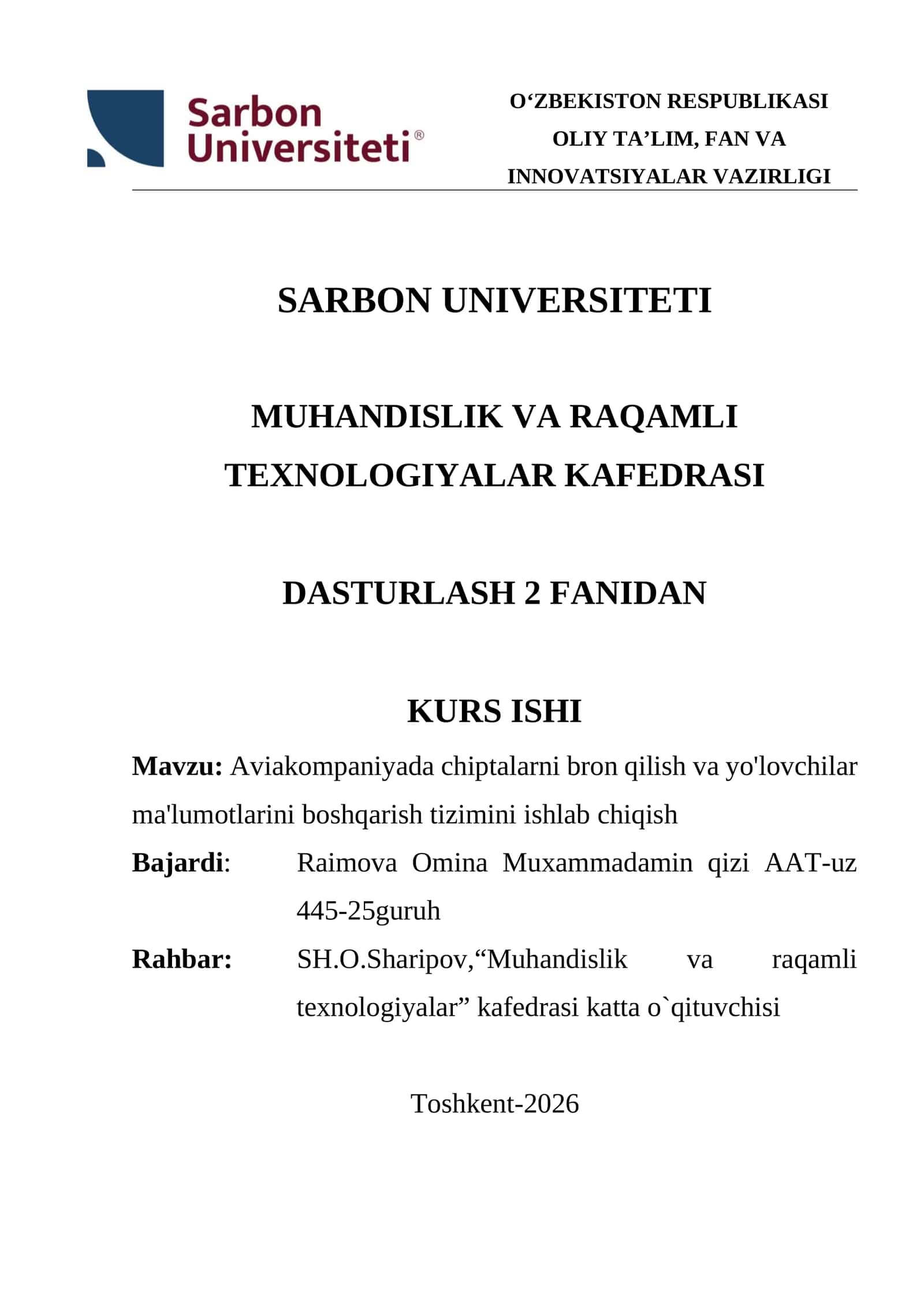 Aviakompaniyada chiptalarni bron qilish va yo'lovchilar ma'lumotlarini boshqarish tizimini ishlab chiqish 1