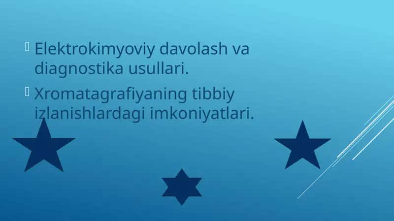 Elektrokimyoviy davolash va diagnostika usullari. Xromatagrafiyaning tibbiy izlanishlardagi imkoniyatlari 1