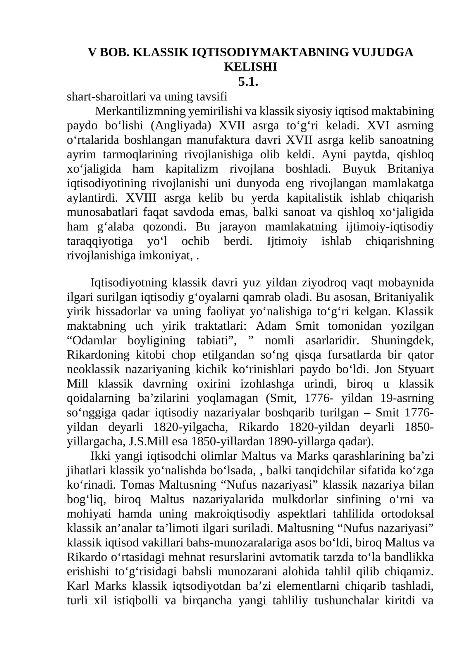 BOB. KLASSIK IQTISODIYMAKTABNING VUJUDGA KELISHI 1