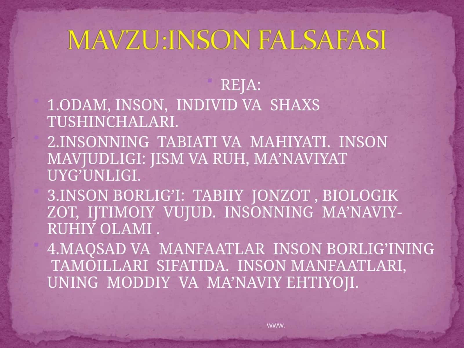 ODAM, INSON, INDIVID VA SHAXS TUSHINCHALARI 1