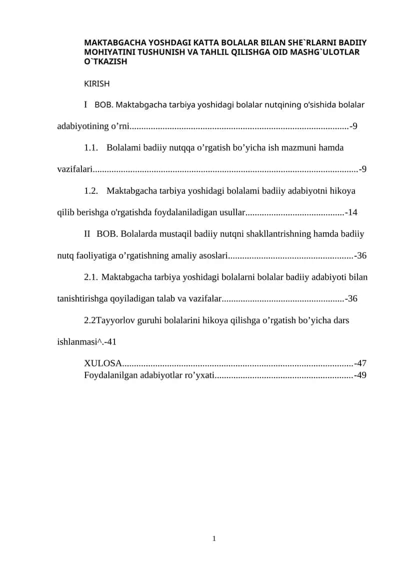 Maktabgacha Yoshdagi Katta Bolalar Bilan She`rlarni Badiiy Mohiyatini Tushunish va Tahlil Qilishga oid mashg`ulotlar o`tkazish 1