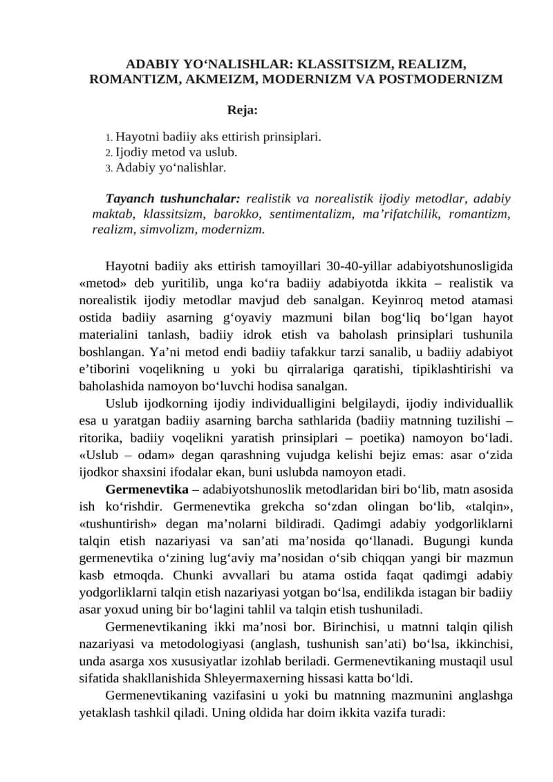 Adabiy yo‘nalishlar: Klassitsizm, Realizm, Romantizm, Akmeizm, Modernizm va Postmodernizm 1