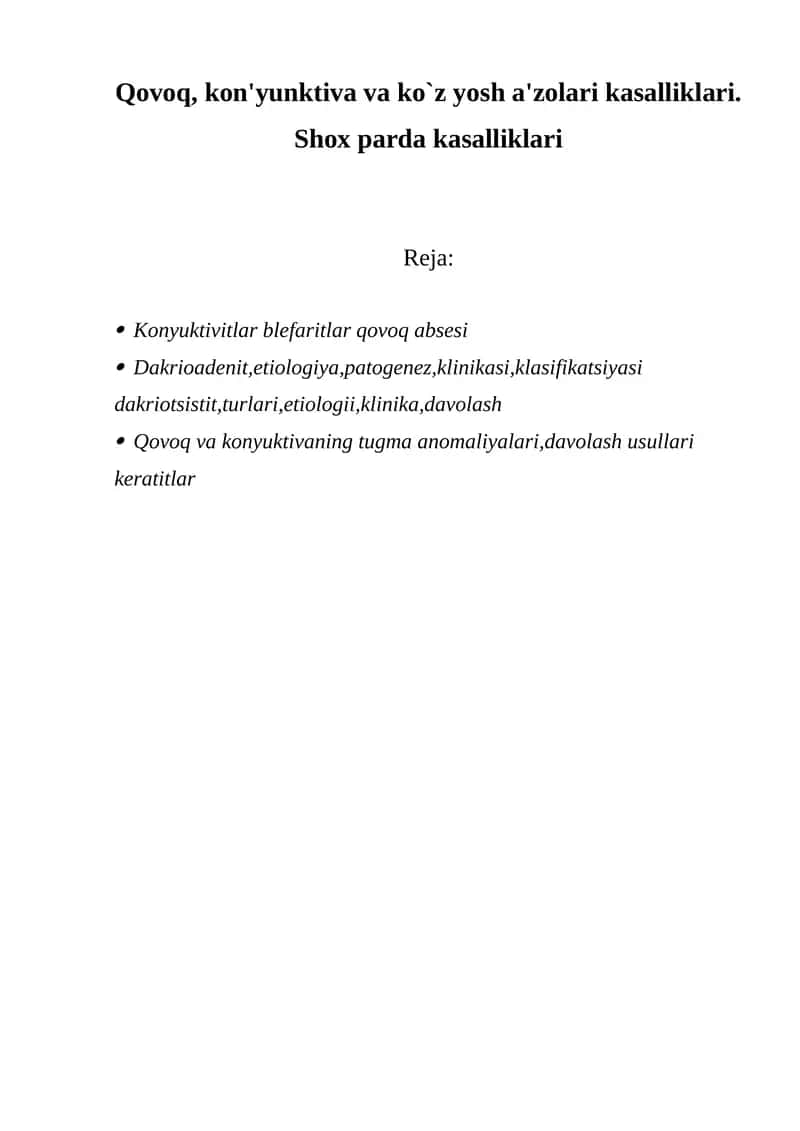 Qovoq, kon'yunktiva va ko`z yosh a'zolari kasalliklari 1