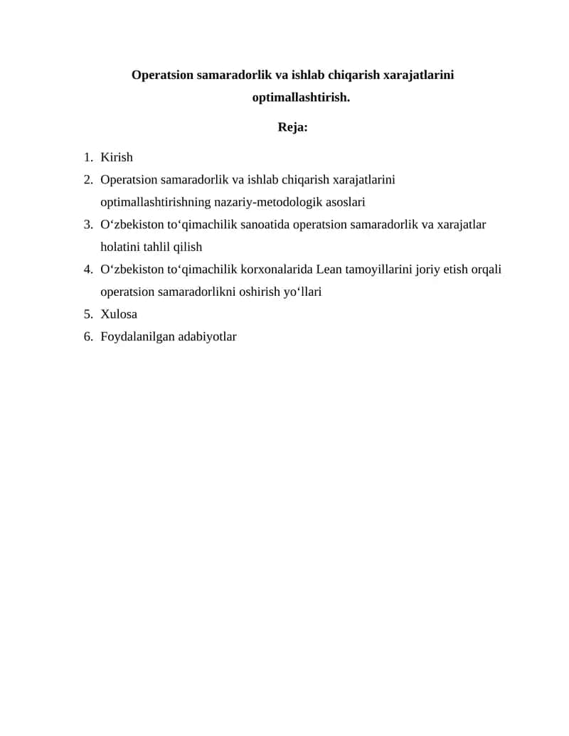 Operatsion samaradorlik va ishlab chiqarish xarajatlarini optimallashtirish. 1