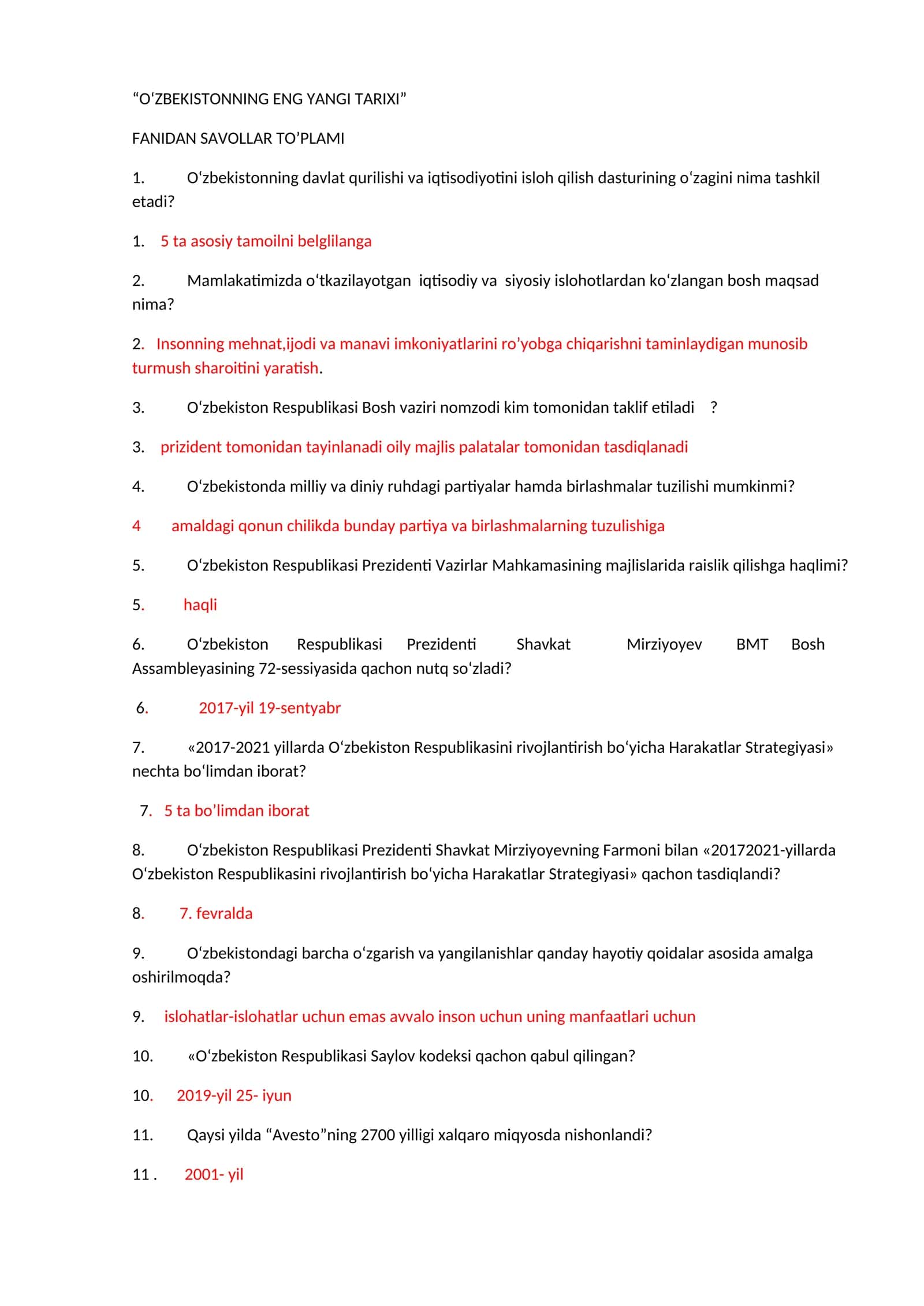 O‘ZBEKISTONNING ENG YANGI TARIXI FANIDAN SAVOLLAR TO’PLAMI 1