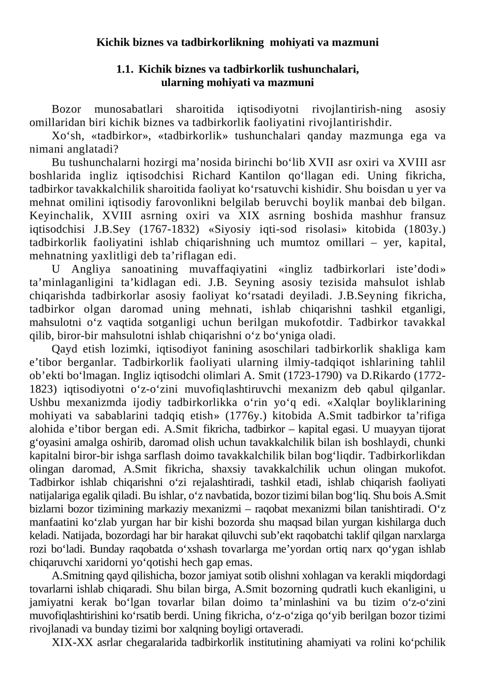 Kichik biznes va tadbirkorlikning mohiyati va mazmuni 1