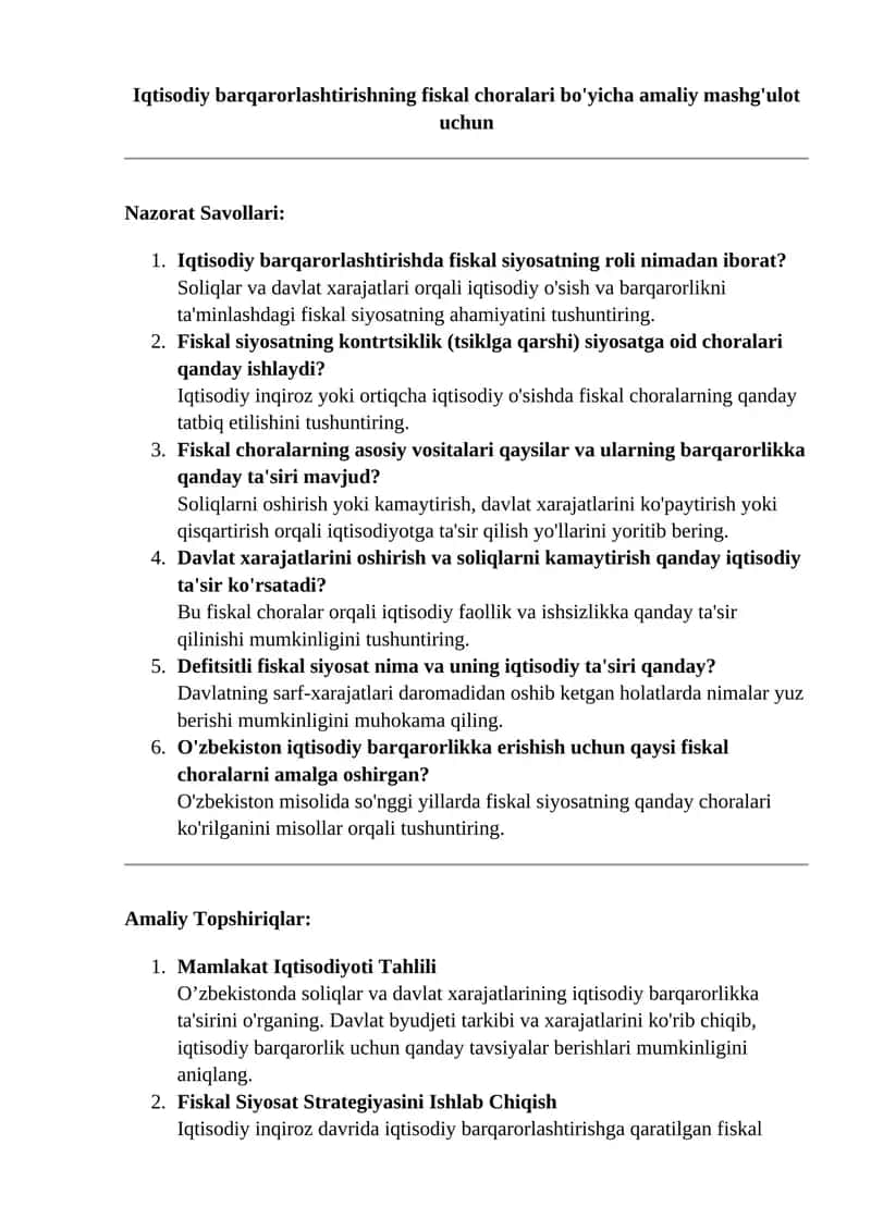 Iqtisodiy barqarorlashtirishning fiskal choralari 1
