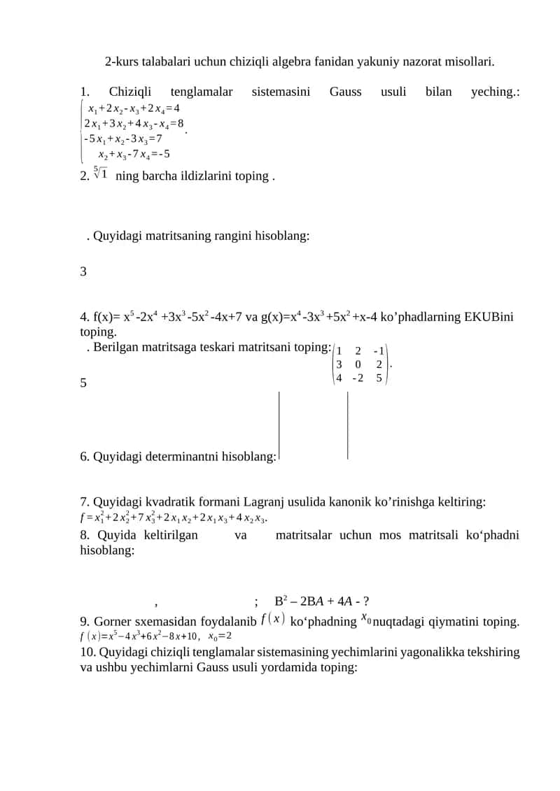 2-kurs talabalari uchun chiziqli algebra fanidan yakuniy nazorat misollari 1