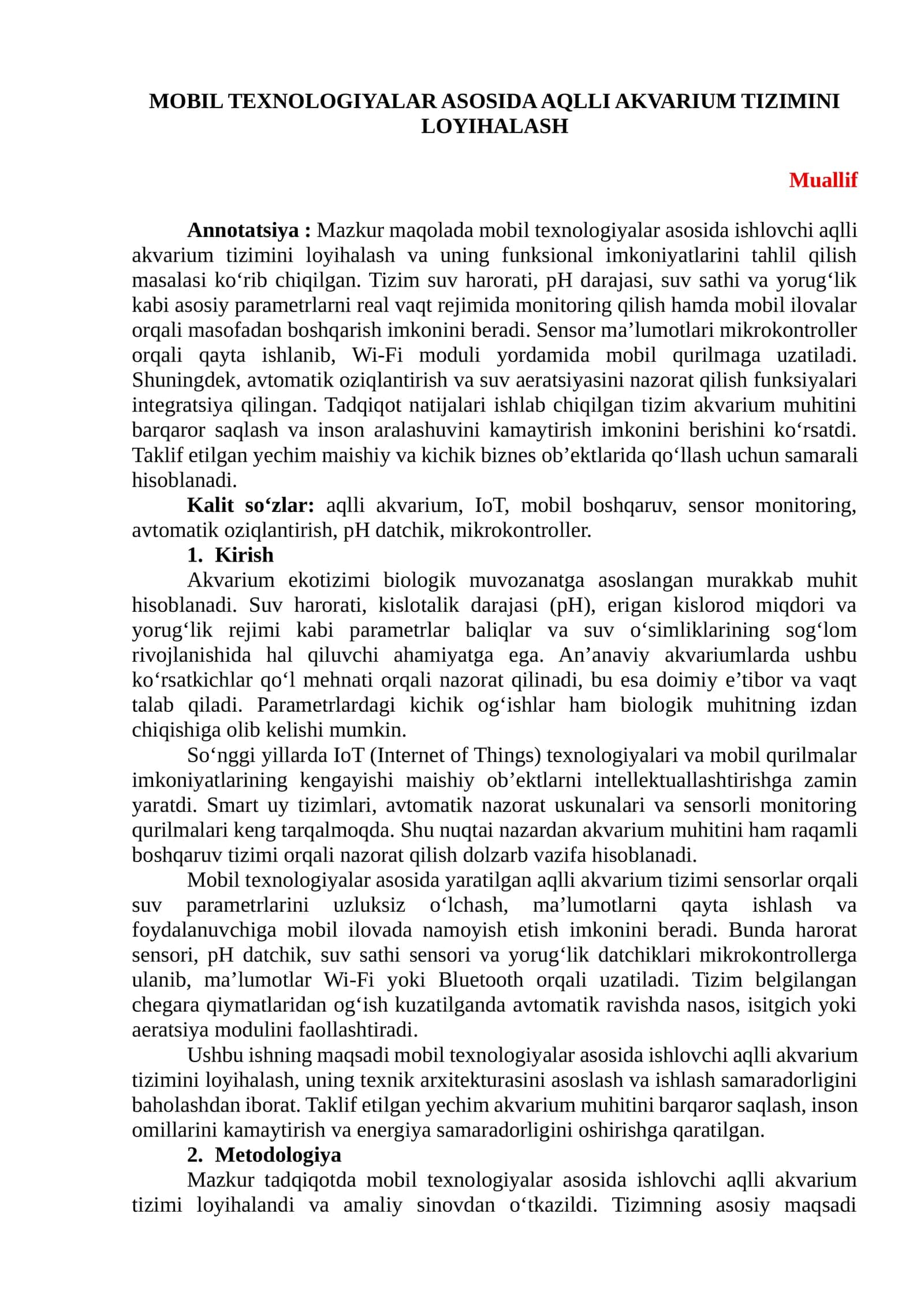 Tezis_MOBIL TEXNOLOGIYALAR ASOSIDA AQLLI AKVARIUM TIZIMINI LOYIHALASH 1