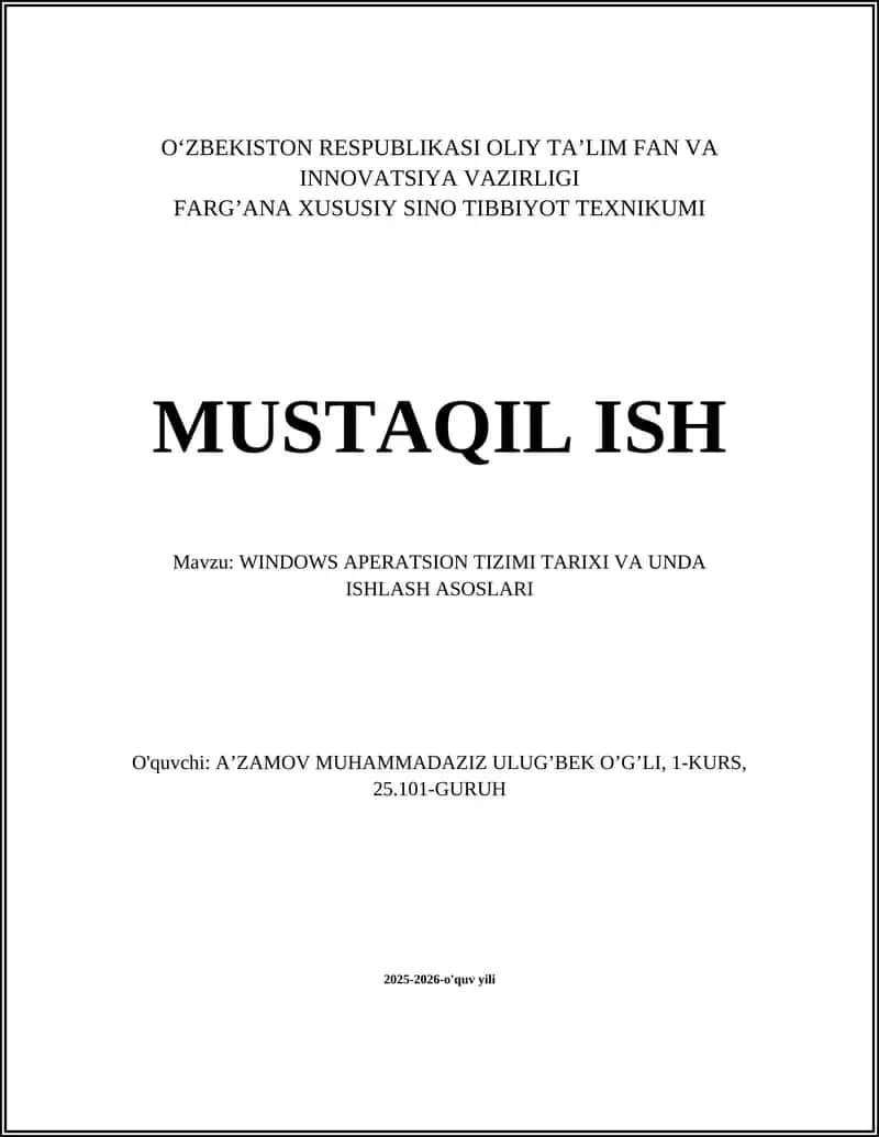 WINDOWS APERATSION TIZIMI TARIXI VA UNDA ISHLASH ASOSLARI 1