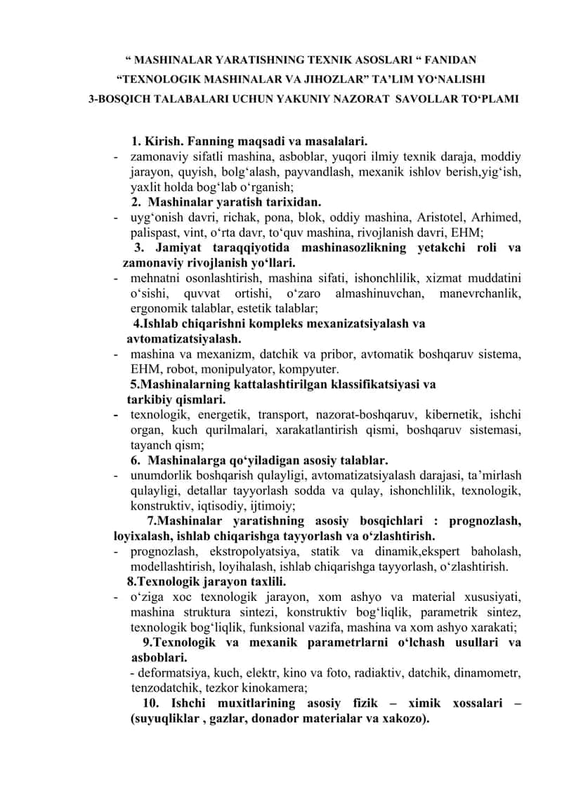 "MASHINALAR YARATISHNING TEXNIK ASOSLARI “ FANIDAN “TEXNOLOGIK MASHINALAR VA JIHOZLAR” TA’LIM YO‘NALISHI" 1