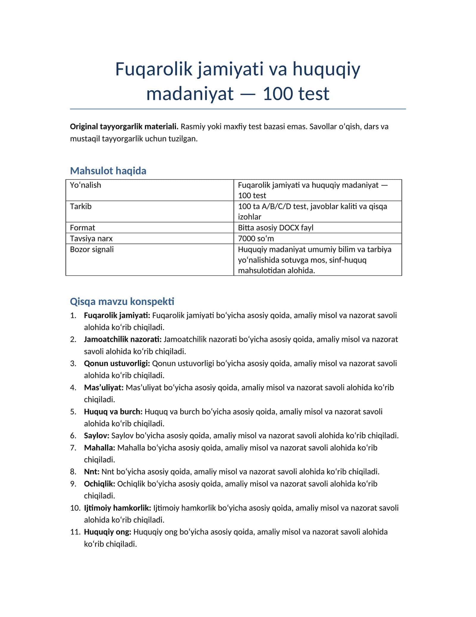 Fuqarolik jamiyati va huquqiy madaniyat — 100 test 1