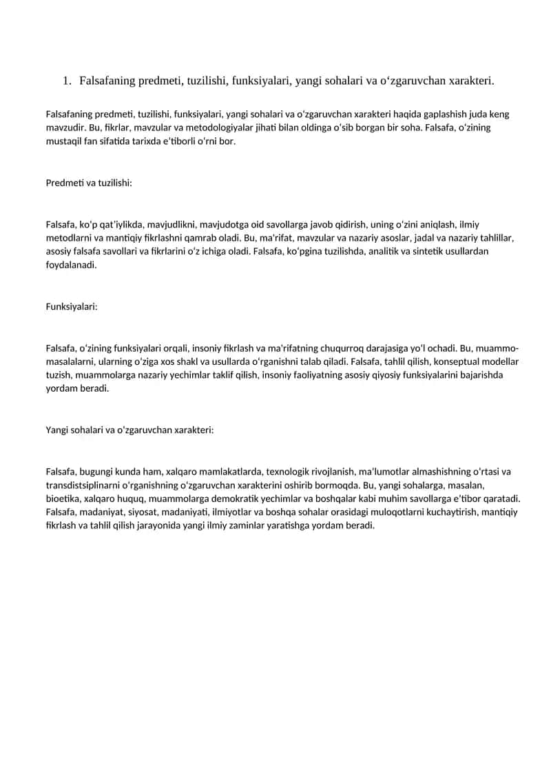 Falsafa fanining predmeti, tuzilishi va funksiyalari 1