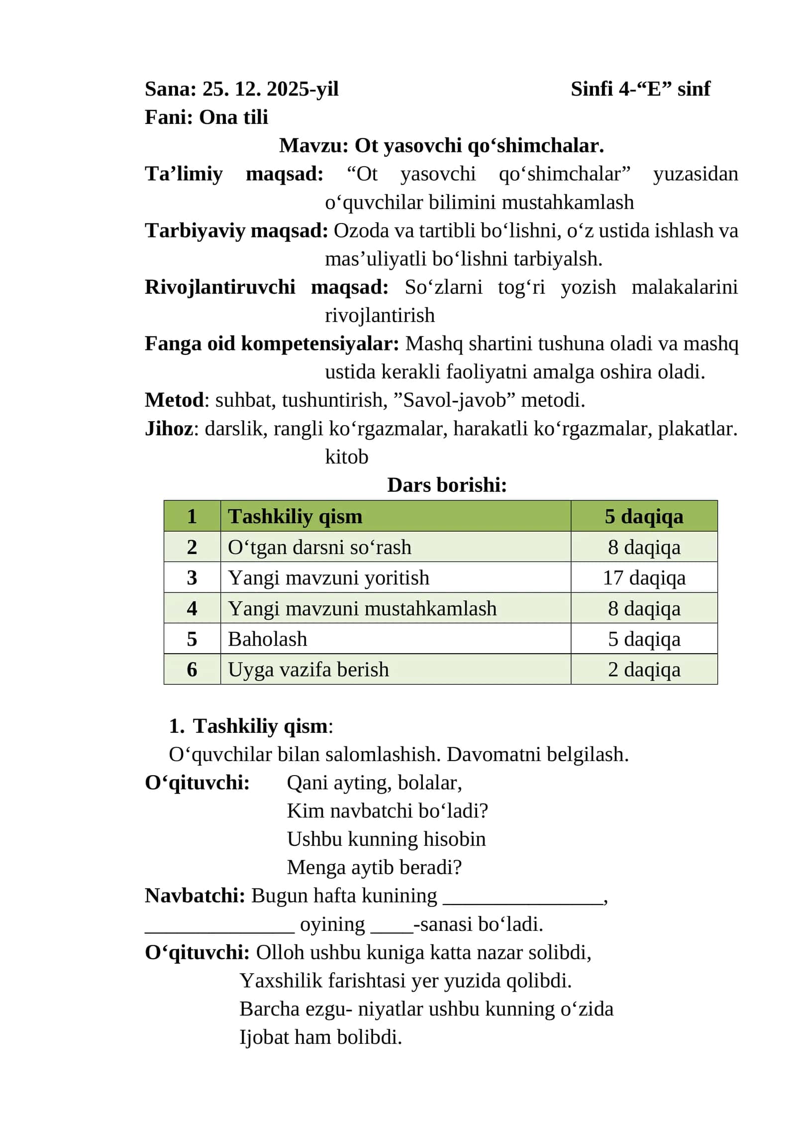 4-sinf Ona tili fanidan Ot yasovchi qo'shimchalar 2-chorak 85-89-mavzular dars ishlanmasi 1