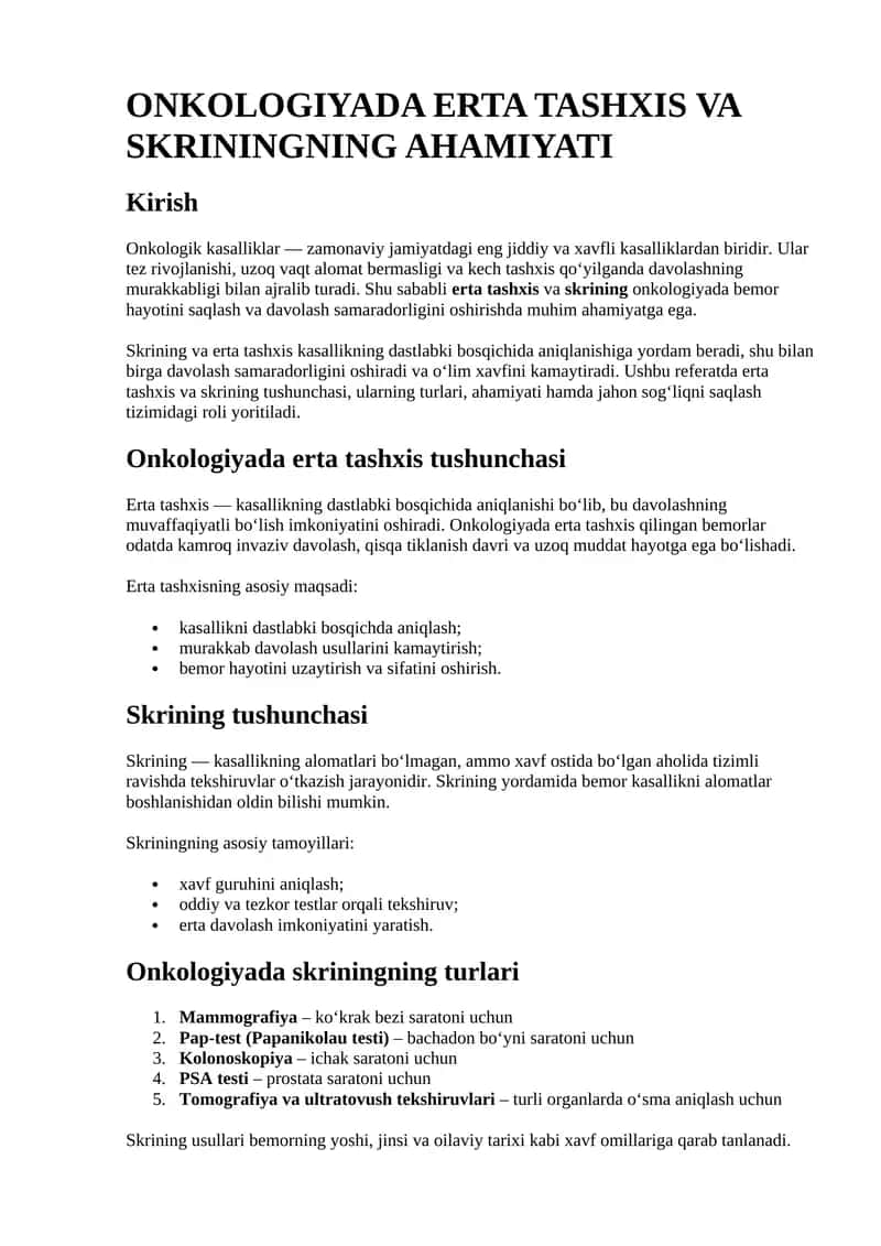 ONKOLOGIYADA ERTA TASHXIS VA SKRININGNING AHAMIYATI 1