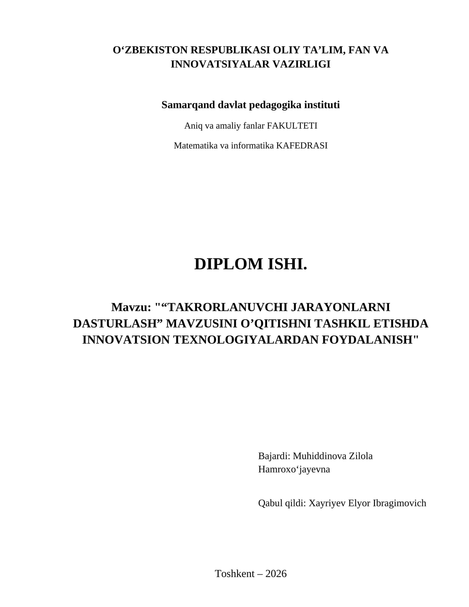 “Takrorlanuvchi jarayonlarni dasturlash” mavzusini o’qitishni tashkil etishda innovatsion texnologiyalardan foydalanish 1