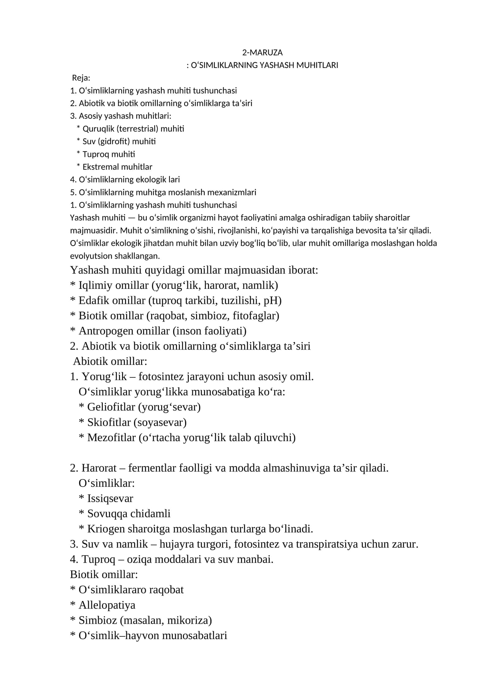 2-MARUZA: O‘SIMLIKLARNING YASHASH MUHITLARI 1