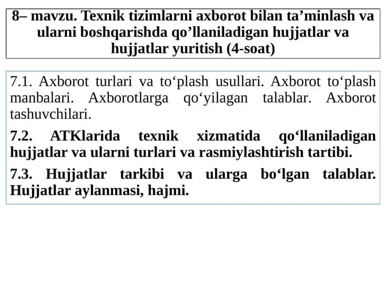 Texnik tizimlarni axborot bilan ta’minlash va ularni boshqarish 1