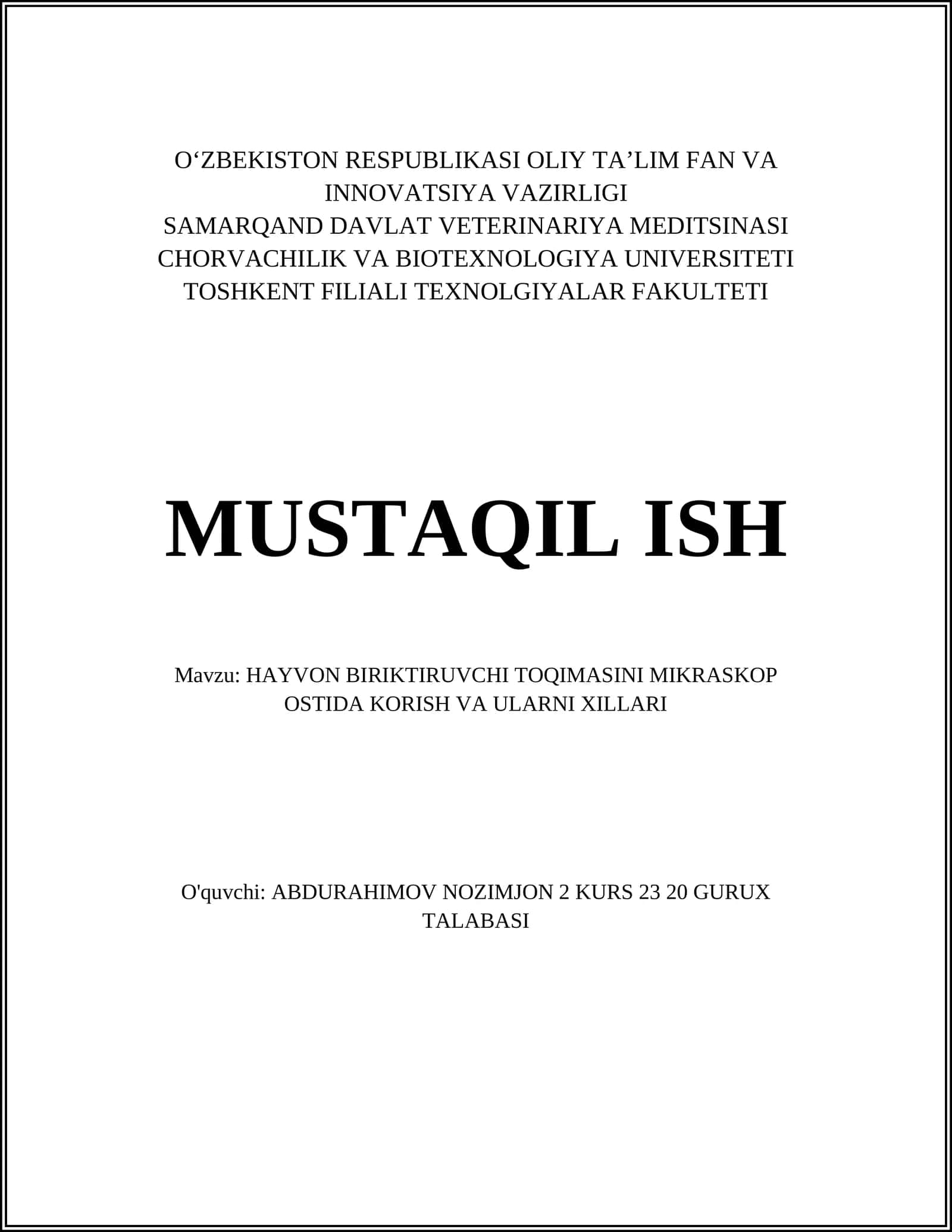 HAYVON BIRIKTIRUVCHI TOQIMASINI MIKRASKOP OSTIDA KORISH VA ULARNI XILLARI 1