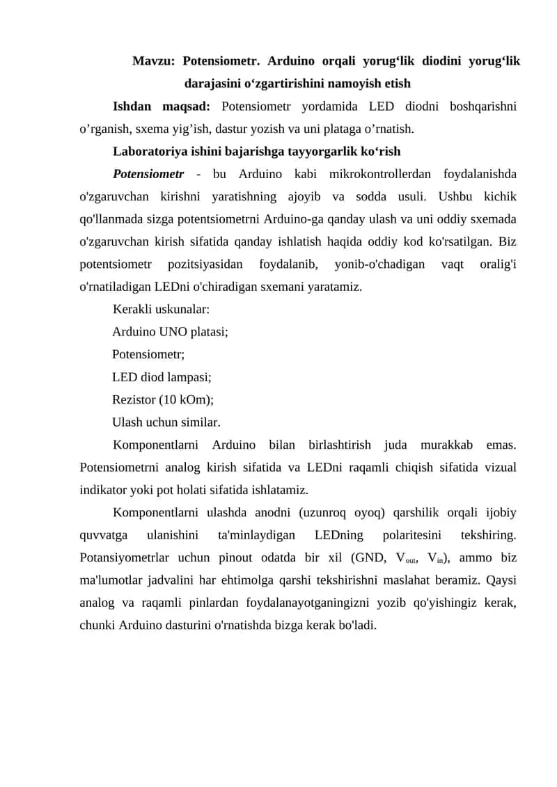 Potensiometr. Arduino orqali yorug‘lik diodini yorug‘lik darajasini o‘zgartirishini namoyish etish 1