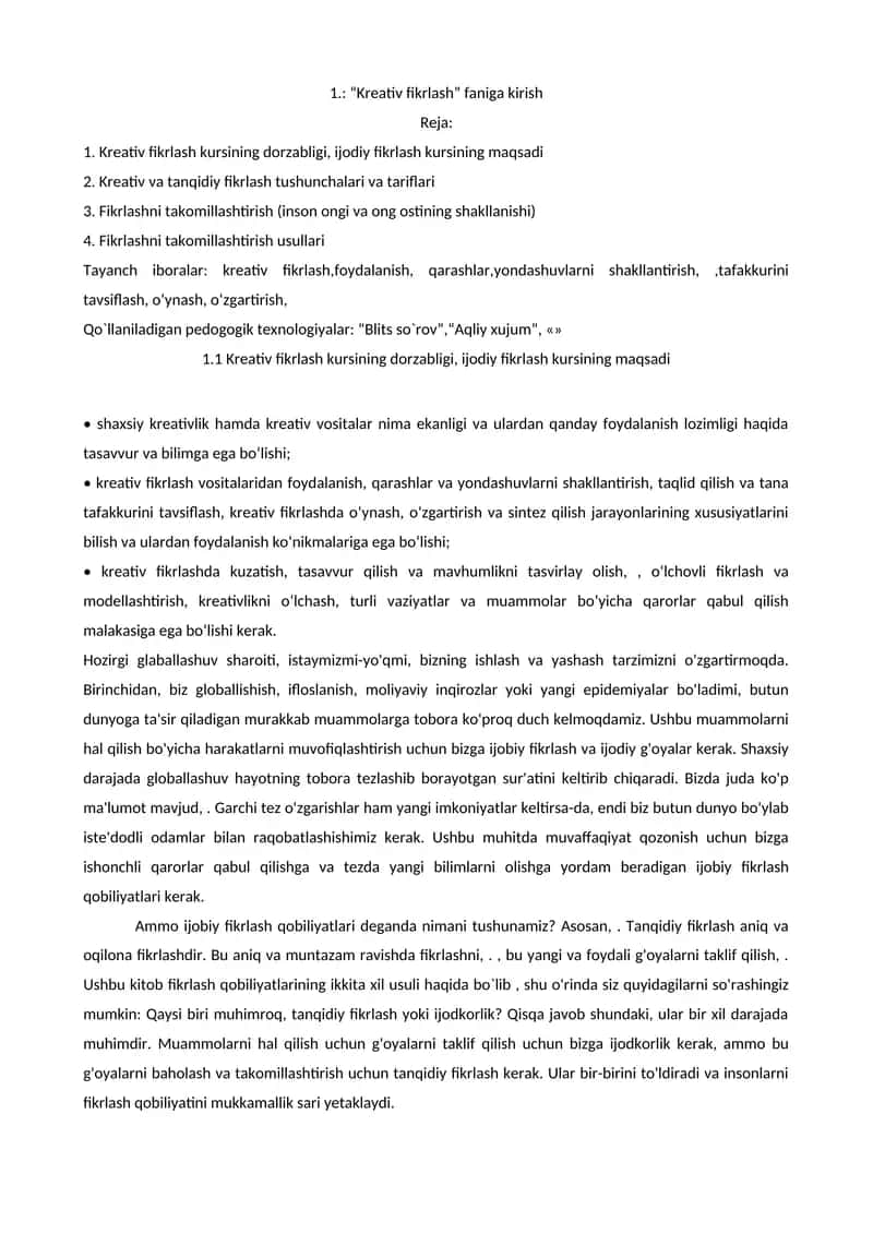 Kreativ fikrlash kursi 1